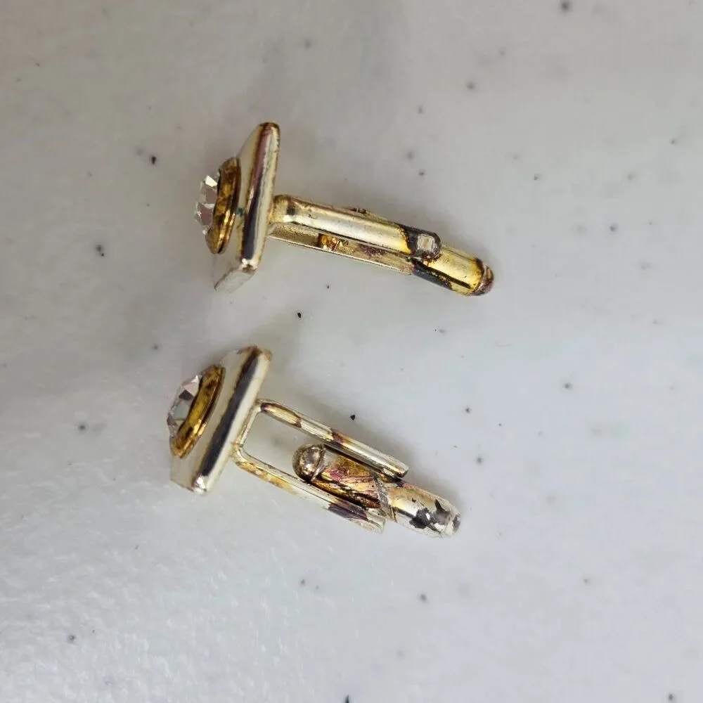 Cufflinks Gold Tone Vintage MCM Clear Rhinestone Basic Square Silver Tone
